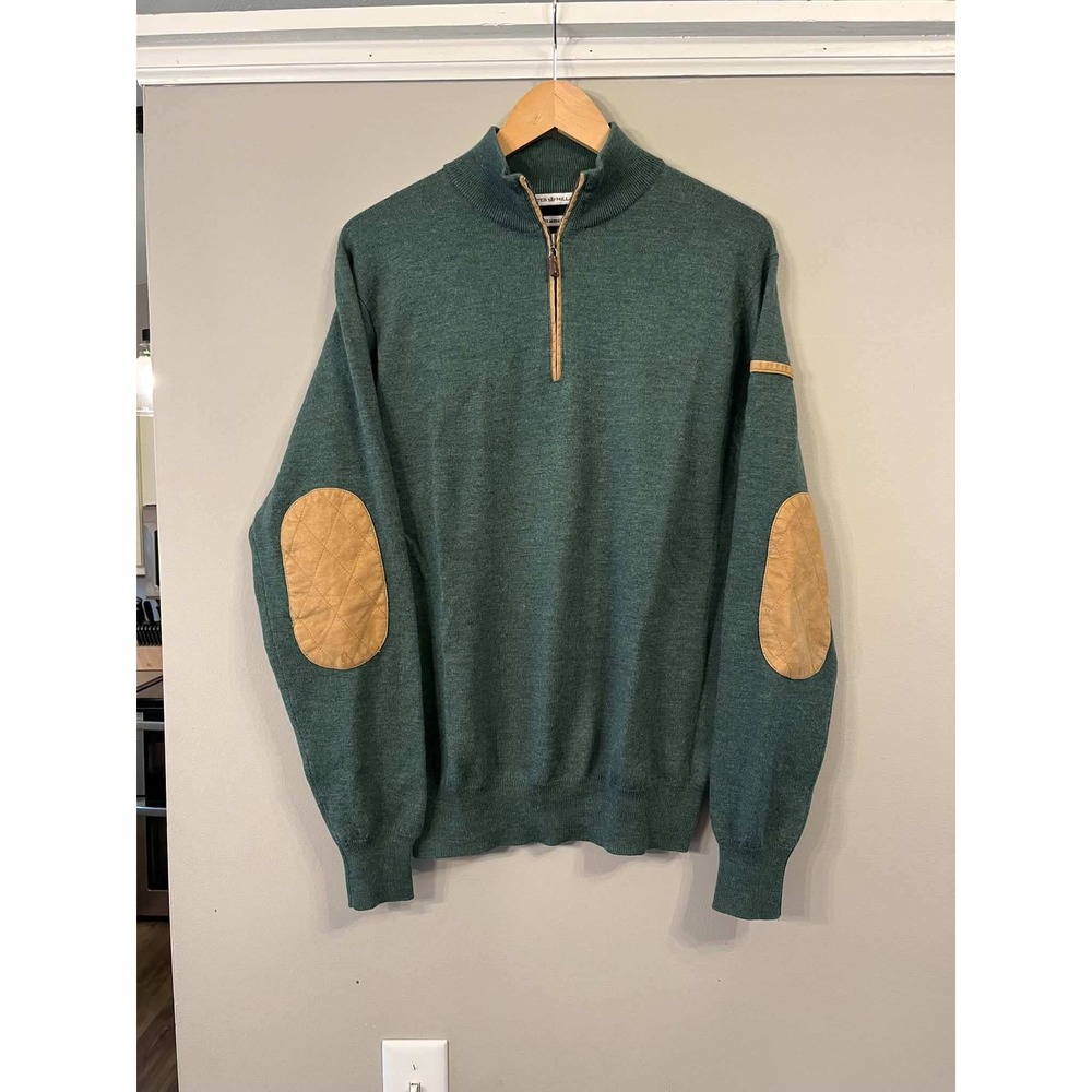 Peter Millar Mens Merino Wool Quarter Zip Sweater Green Elbow Patches Small